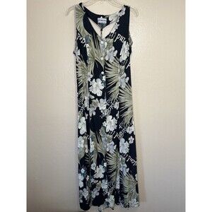 VTG California Krush Sleeveless Green/Black Tropical Print Maxi Dress Women's 10